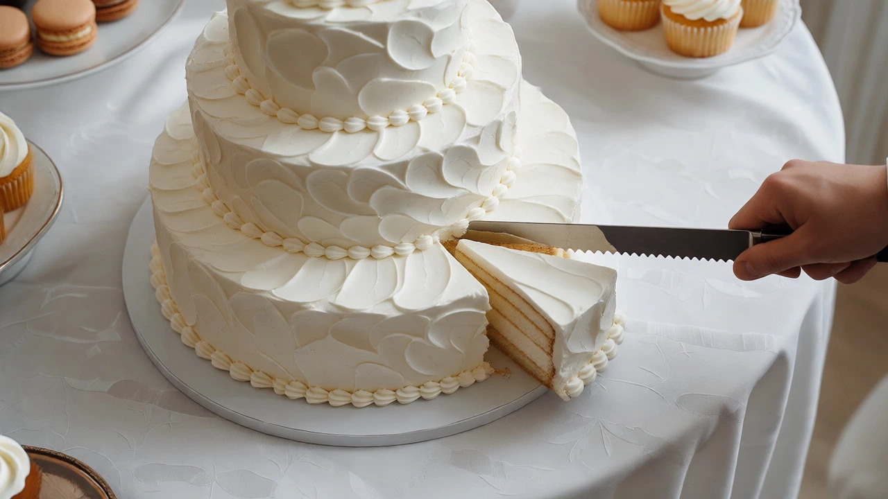 Baker cutting a slice from a multi-tiered wedding cake