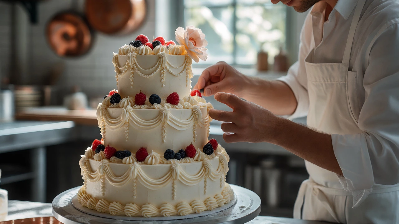 Baker decorating intricate three-tier wedding cake
