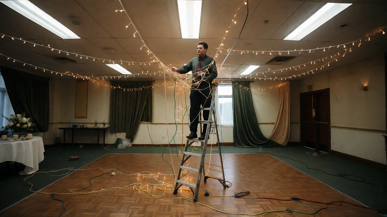 Chaotic wedding setup with tangled lights and precarious decor