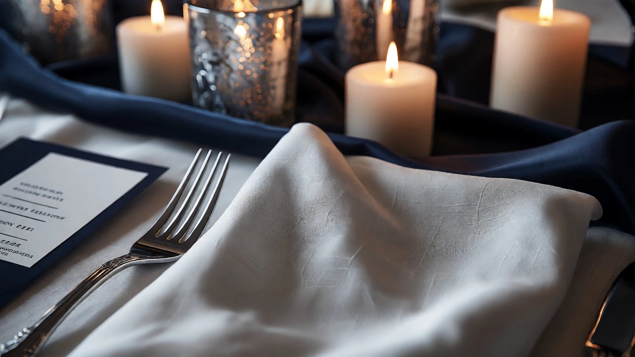 Close-up of a formal place setting with textured linen napkins, polished silverware, and candlelight.