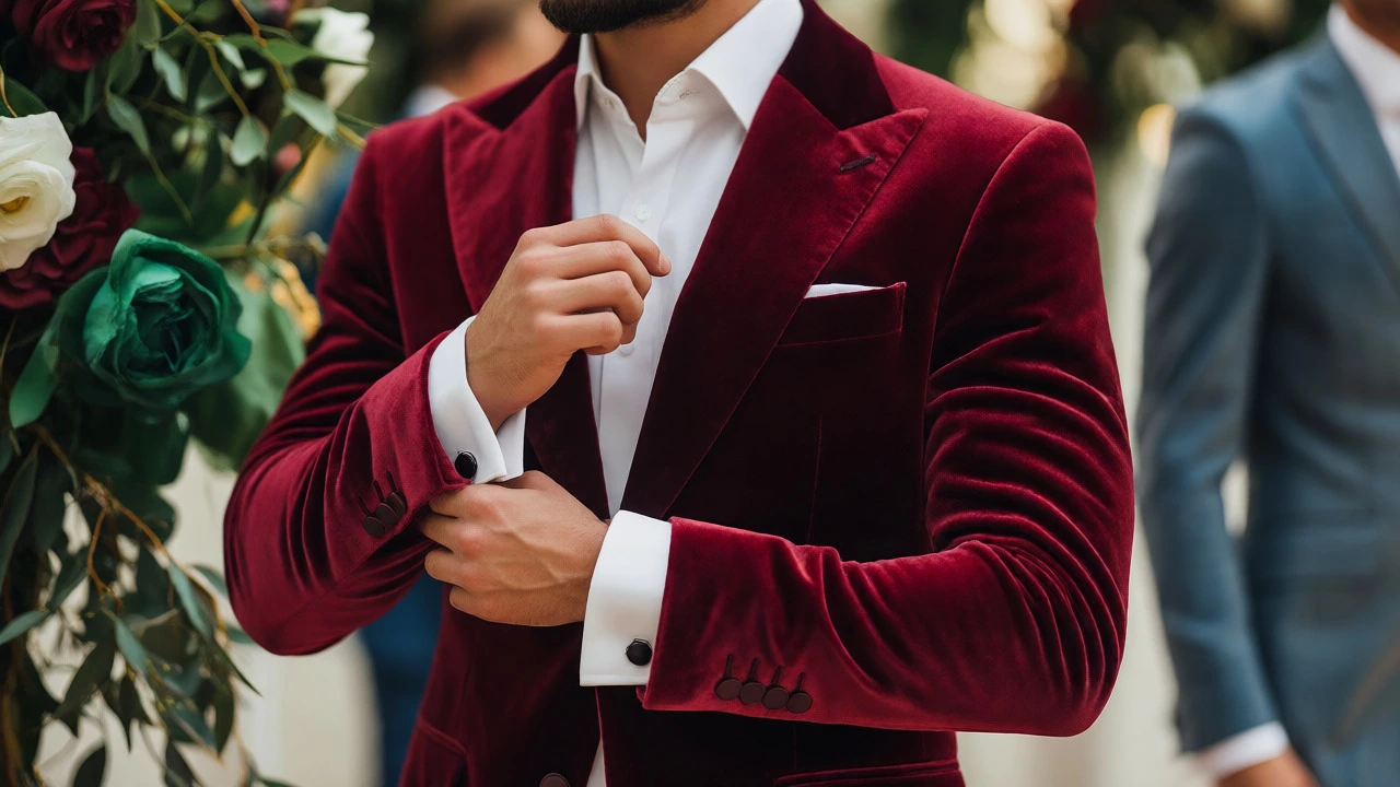 Close-up of groom in burgundy velvet jacket with white shirt