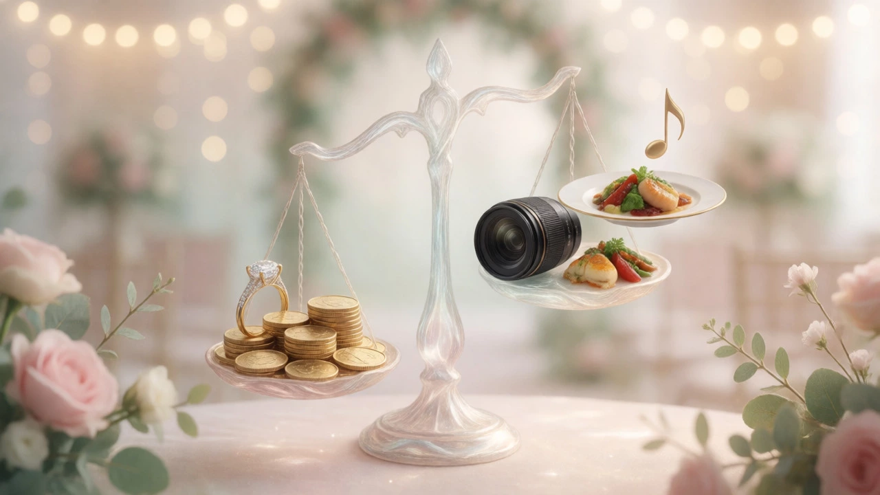 Conceptual art showing balance between wedding costs and memories
