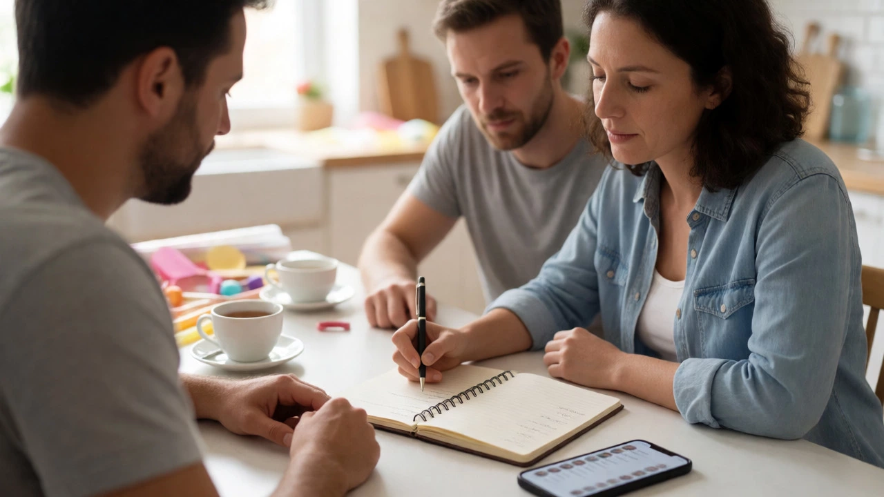 Couple discussing guest list decisions at a kitchen table