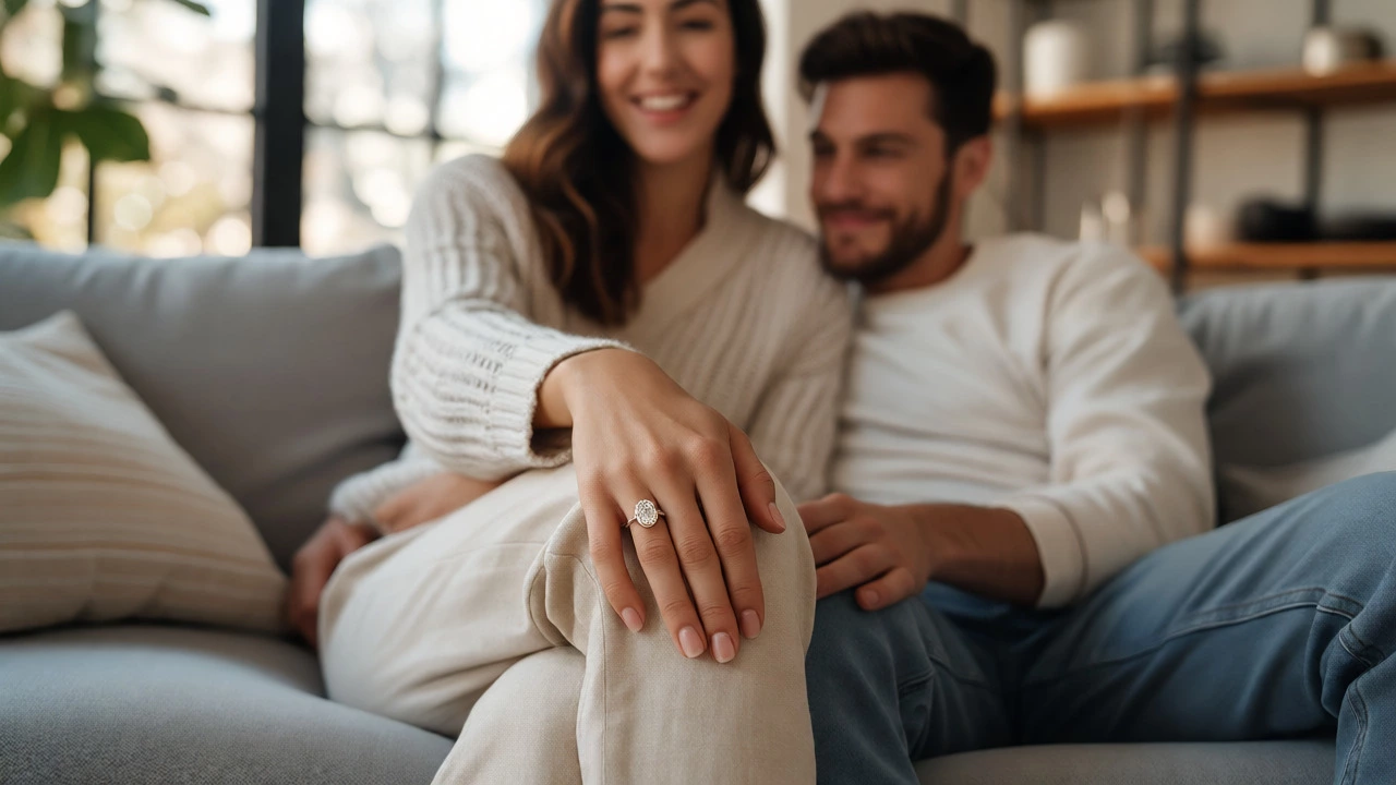 Couple relaxing at home, showing off a new oval diamond engagement ring.