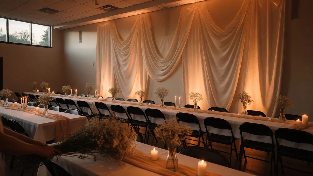 Evening wedding reception with muslin fabric drapes and minimalist candlelit table settings.