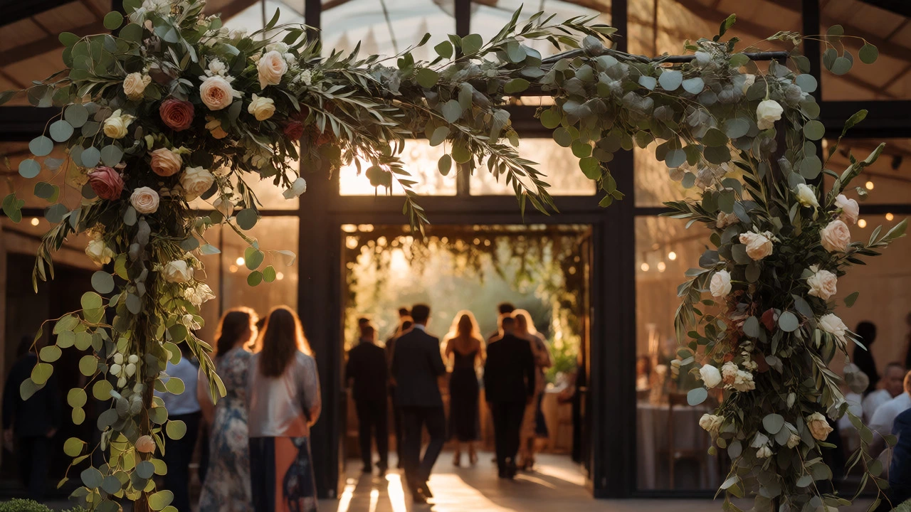 Grand floral arch entrance with eucalyptus and garden roses leading to a warmly lit wedding venue.