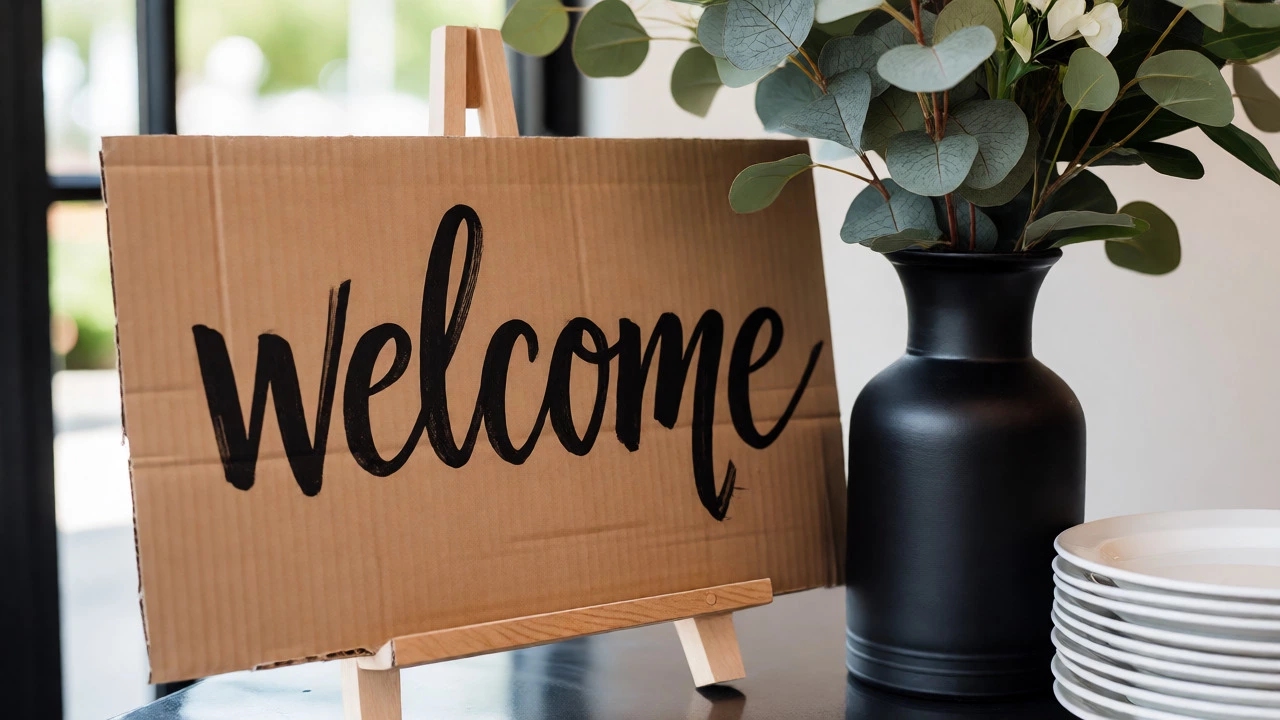 Handwritten cardboard welcome sign with budget-friendly floral accents at a wedding entrance.