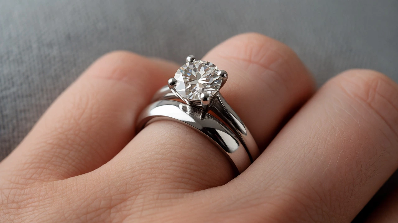 Macro shot of a stacked diamond engagement ring and plain wedding band on a finger.