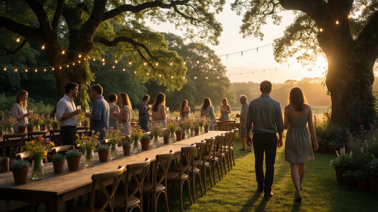 Relaxed outdoor wedding reception with string lights and wildflowers