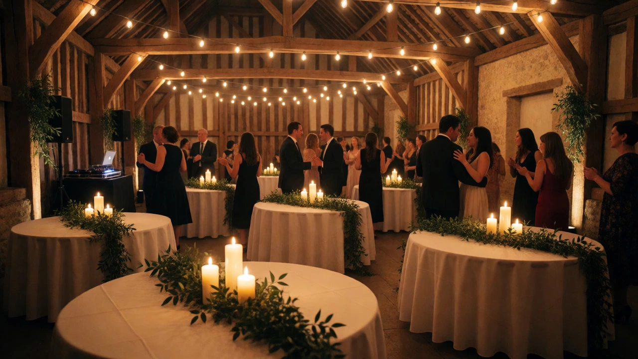 Rustic wedding reception with candle-lit tables and greenery decor