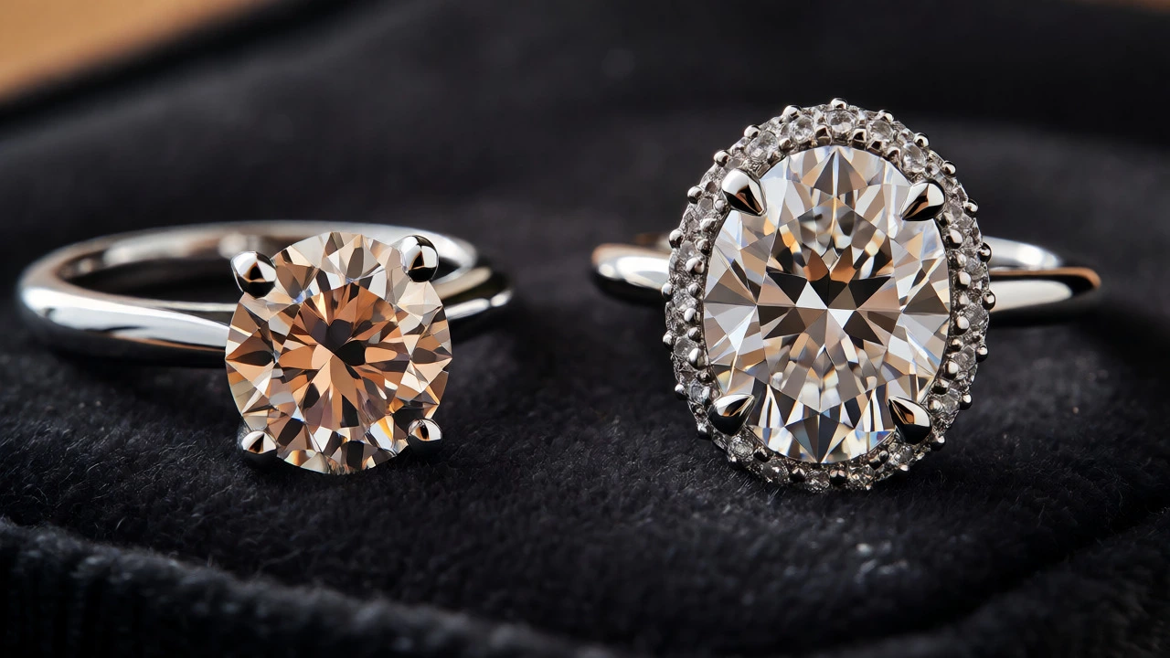 Side-by-side comparison of a natural solitaire and a lab-grown halo ring.