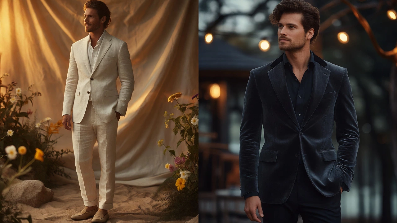 Split view of groom in beige linen suit and another in charcoal velvet