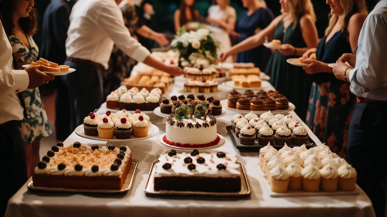 Wedding dessert table with varied sweets and guests serving themselves