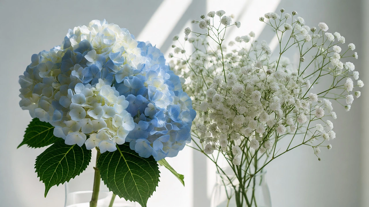 Blue hydrangeas mixed with airy baby's breath flowers