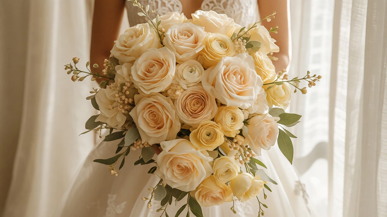 Bride holding a bouquet of buttercream roses and cream ranunculus