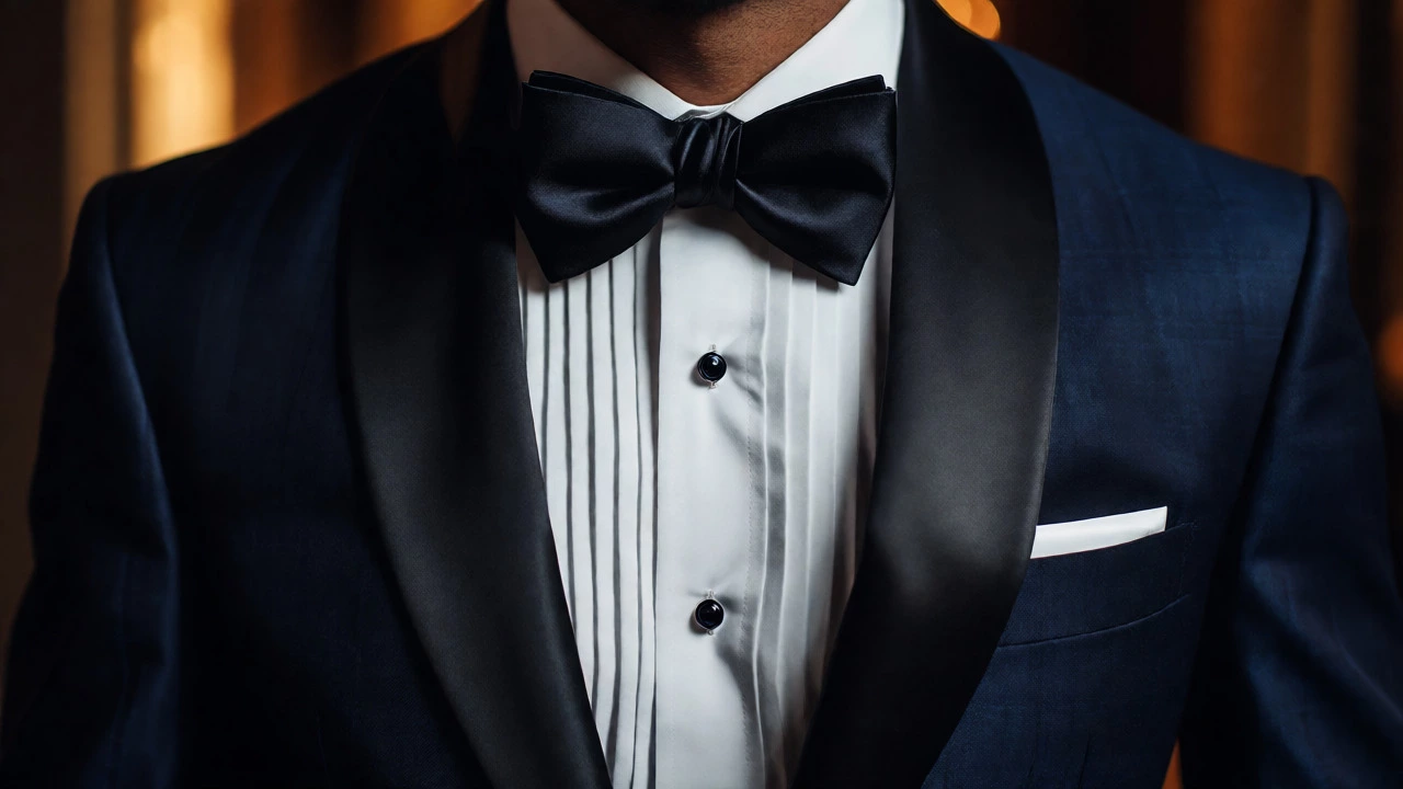 Close-up of a groom's midnight blue suit with a bow tie and pleated shirt for an evening event.