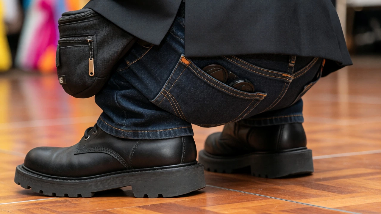 Close-up of a photographer's black boots, dark jeans with pockets, and waist pouch on a dance floor.