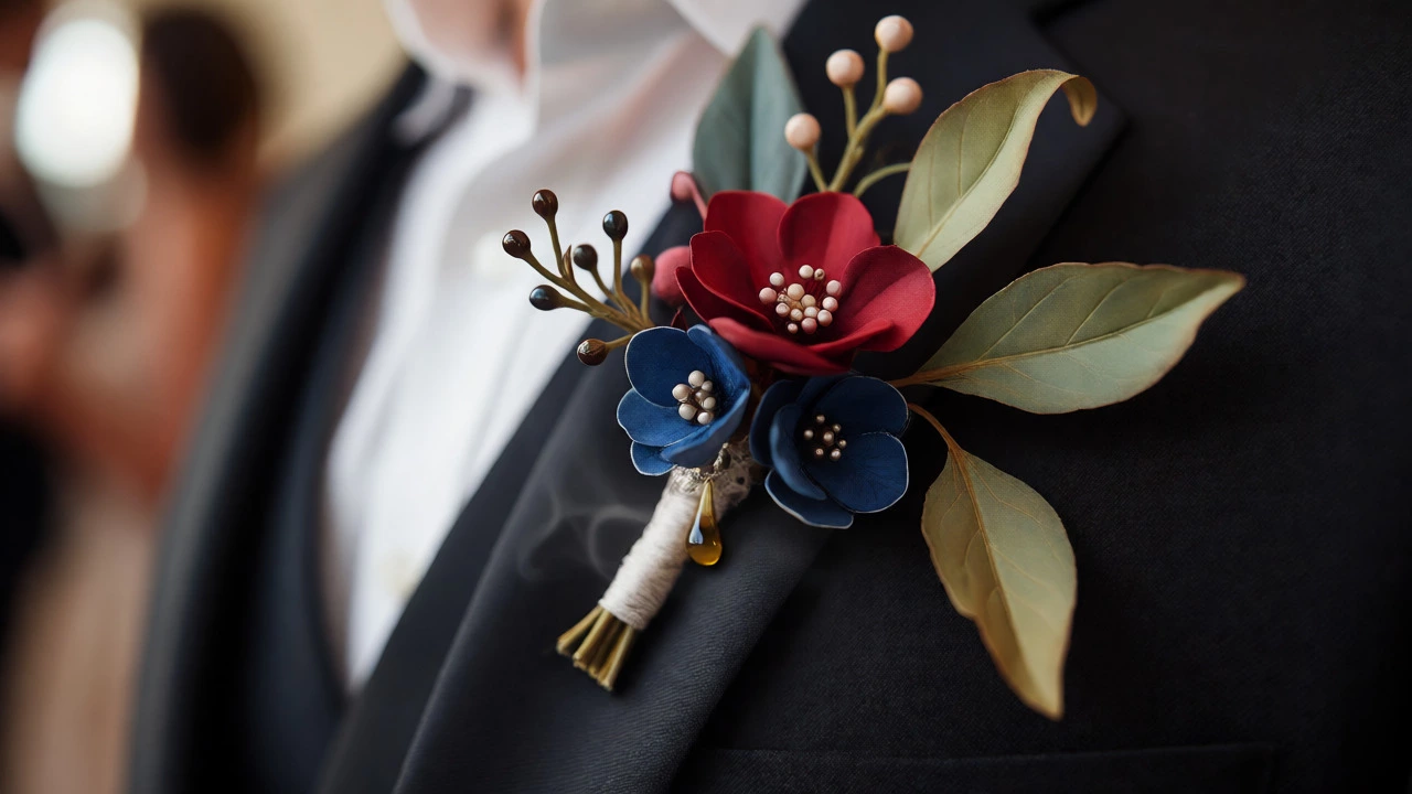 Close-up of detailed floral boutonniere on suit lapel