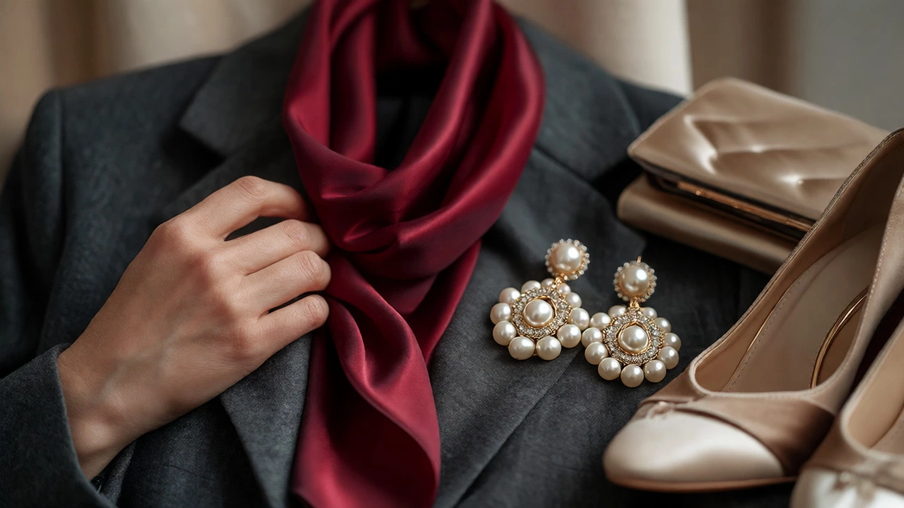 Close-up of hands adjusting a burgundy scarf and pearl earrings
