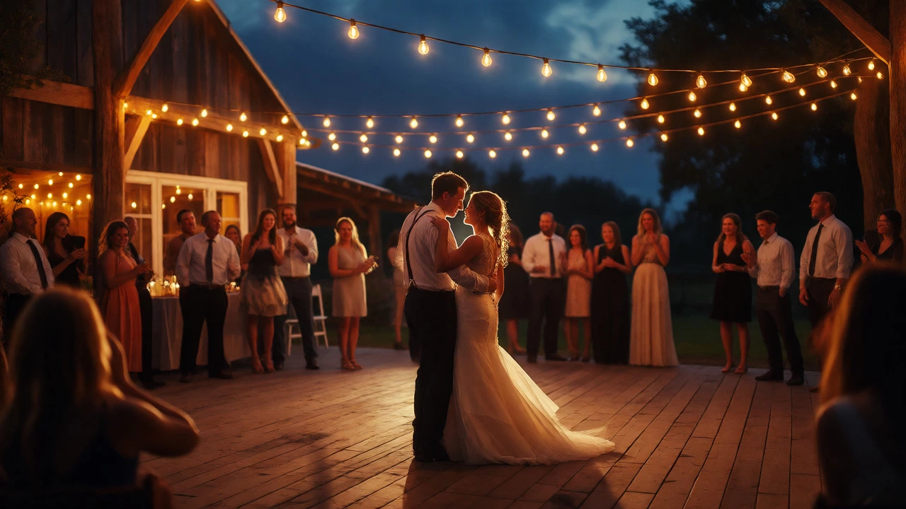 Couple dancing at a wedding reception with warm lighting and guests.