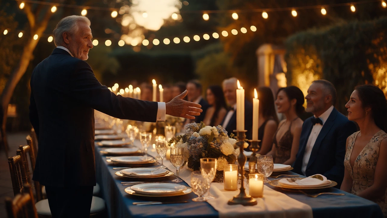Groom's father hosting a formal outdoor rehearsal dinner at night