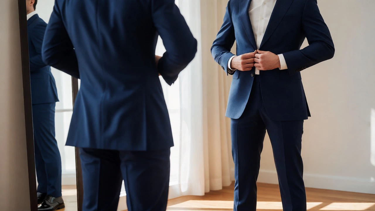 Groom checking correct jacket length and proportions in a mirror