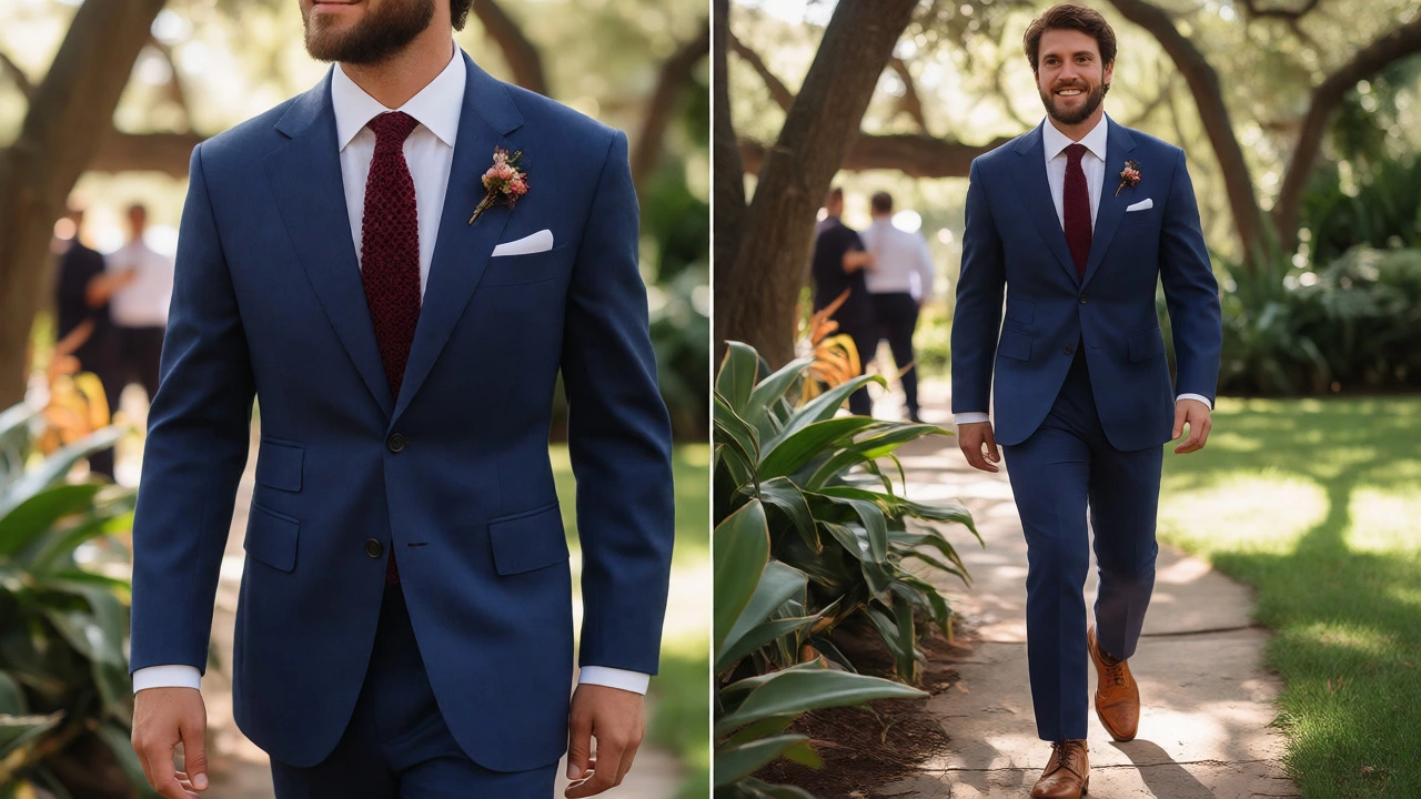 Groom in a navy suit with a knitted tie walking through a sunny garden wedding venue.