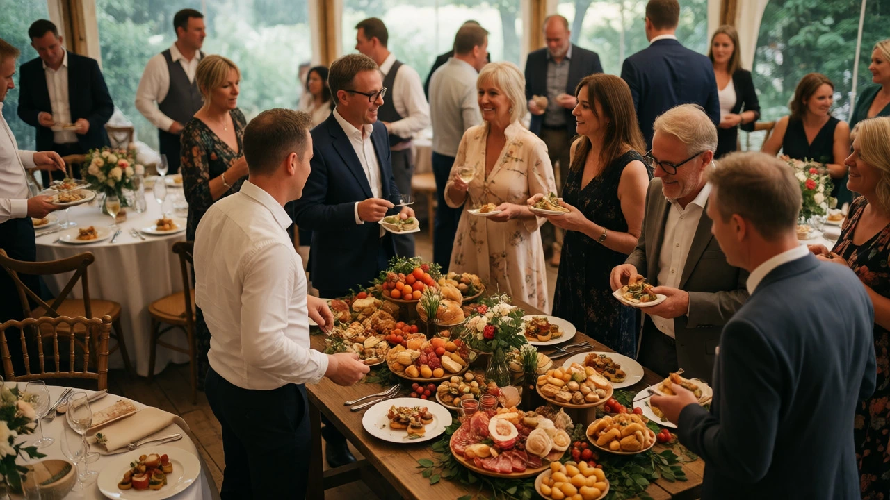 Guests mingling around a grazing table and family-style dining setup.