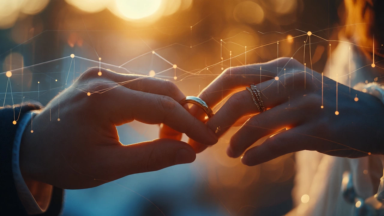 Hands exchanging rings with abstract financial overlays