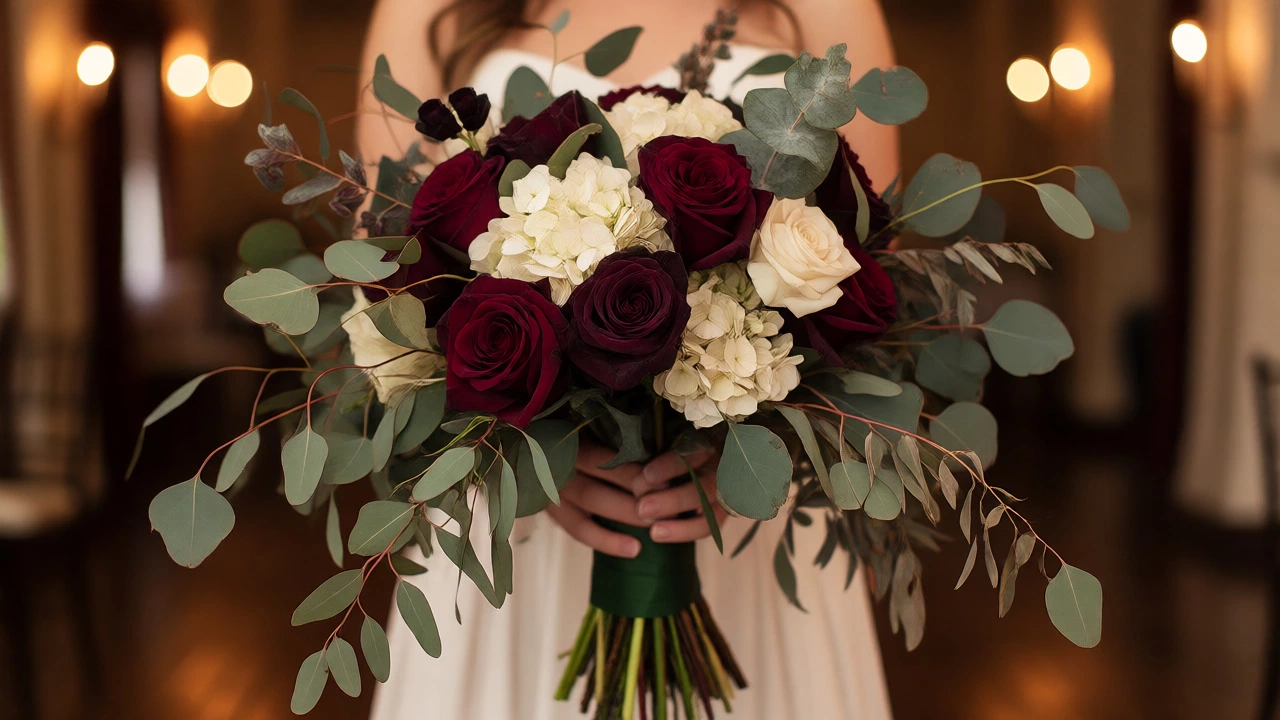 Layered wedding bouquet with mixed faux flowers and greenery