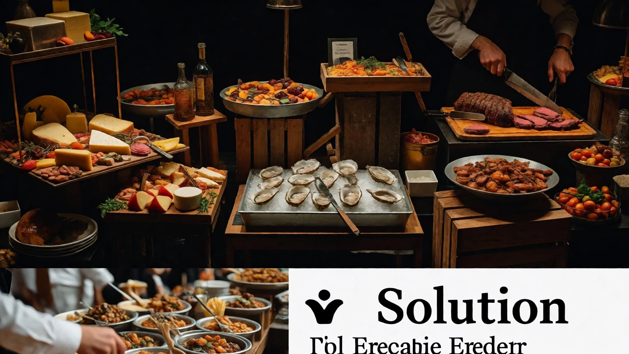 Luxurious wedding buffet station with elevated food displays and warm lighting.