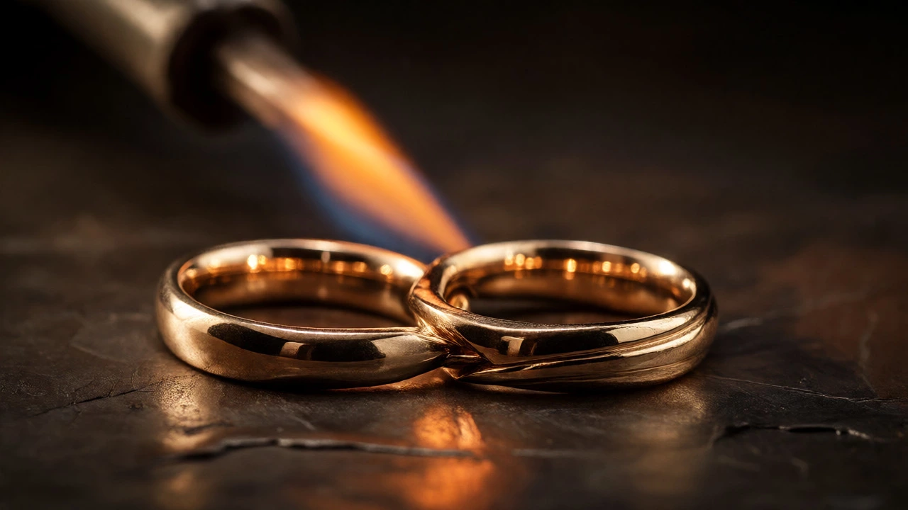 Macro shot of welded engagement and wedding rings as one piece