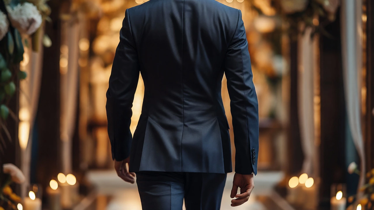 Man walking confidently in a dark matte suit with double vents
