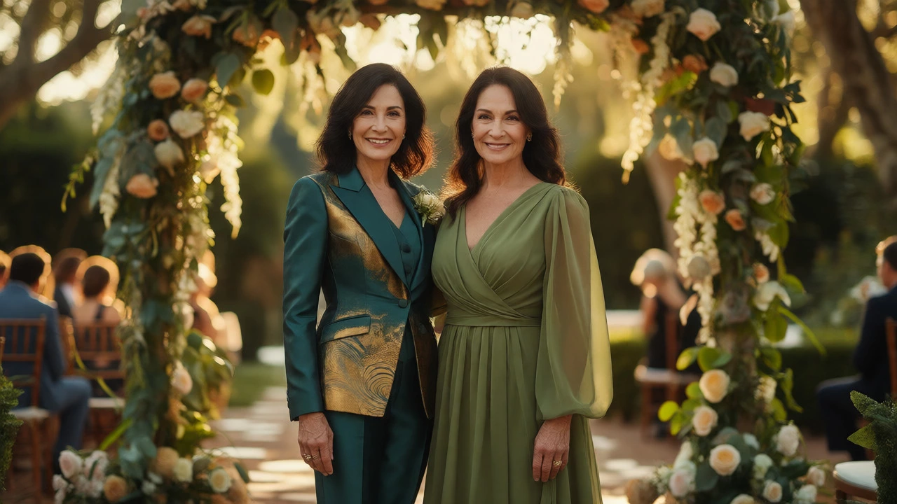 Mothers of bride and groom standing together in complementary teal and olive outfits