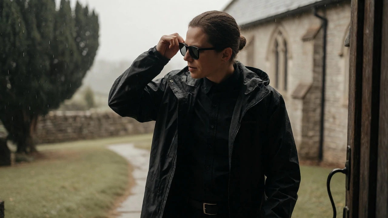 Photographer in a black waterproof jacket and sunglasses standing outside a rustic stone venue on a cloudy day.