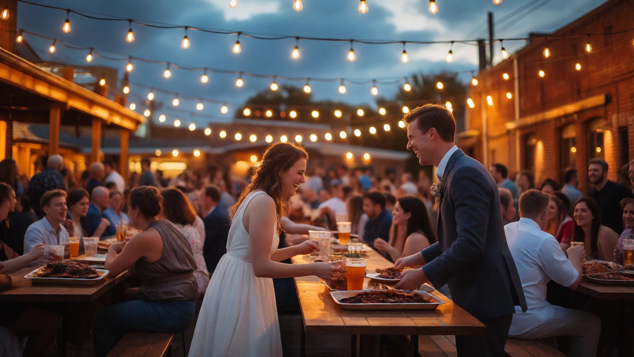 Relaxed outdoor brewery wedding reception with guests enjoying BBQ dinner