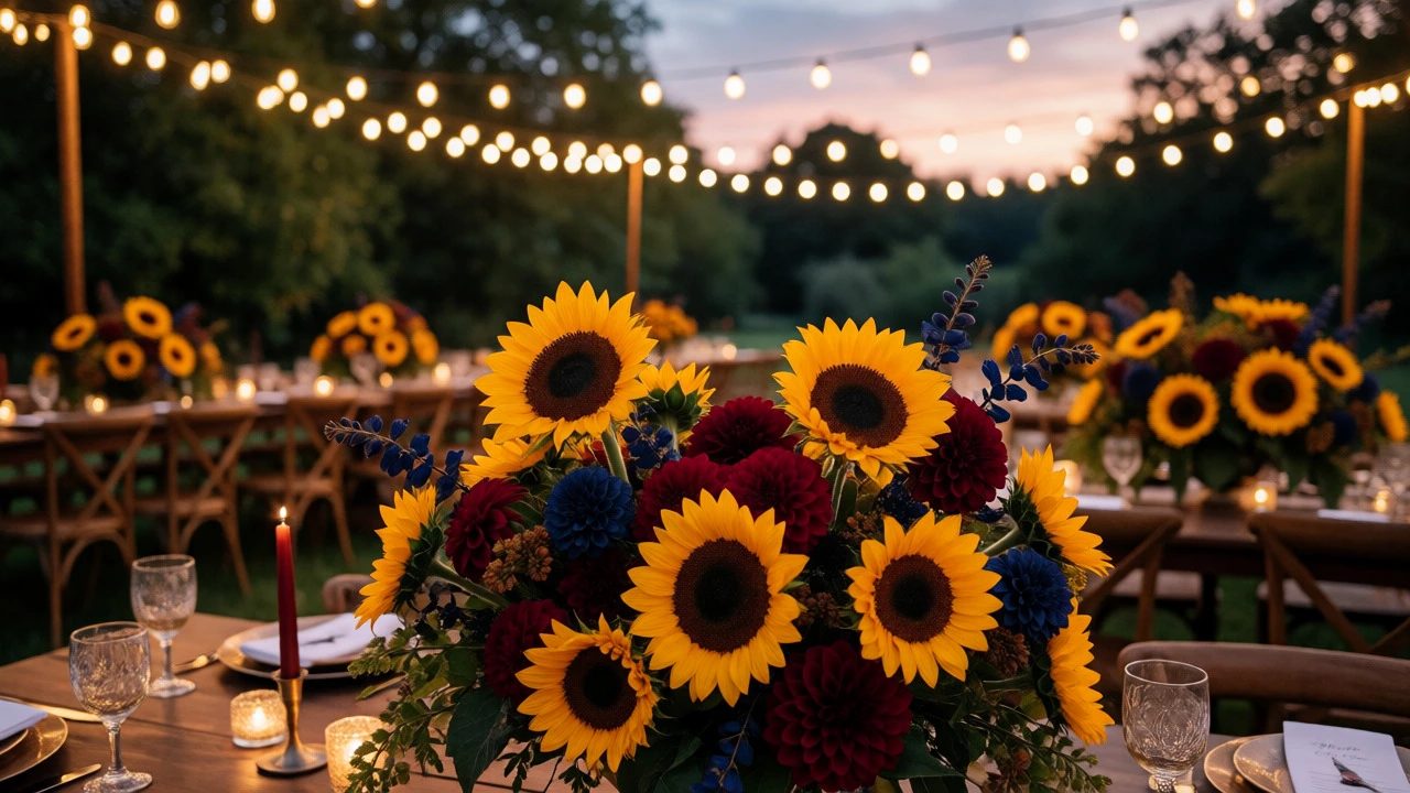 Sunflower centerpieces with burgundy accents at a rustic wedding