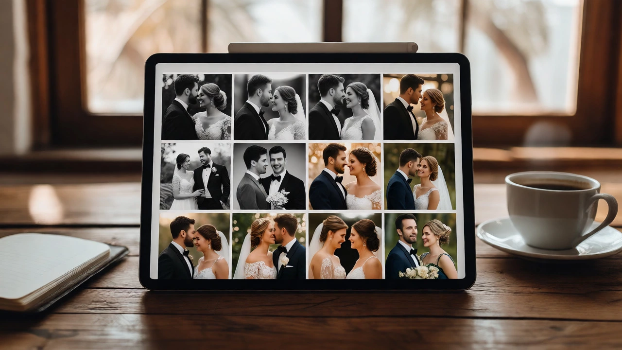 Tablet displaying a curated grid of edited wedding photos.