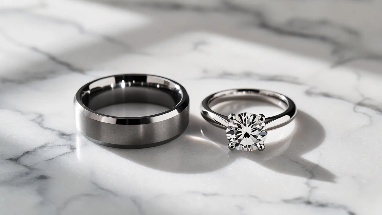 Tungsten and platinum wedding rings on marble surface