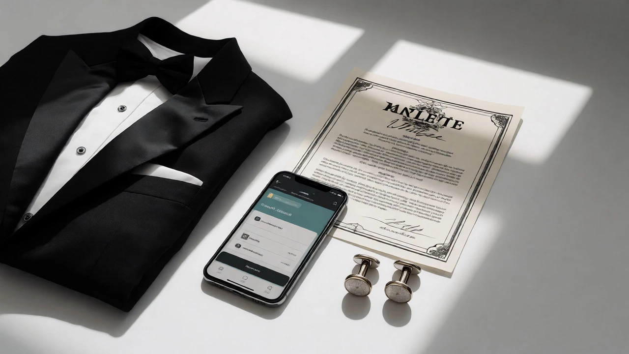 Tuxedo, marriage license, and phone arranged on a white surface