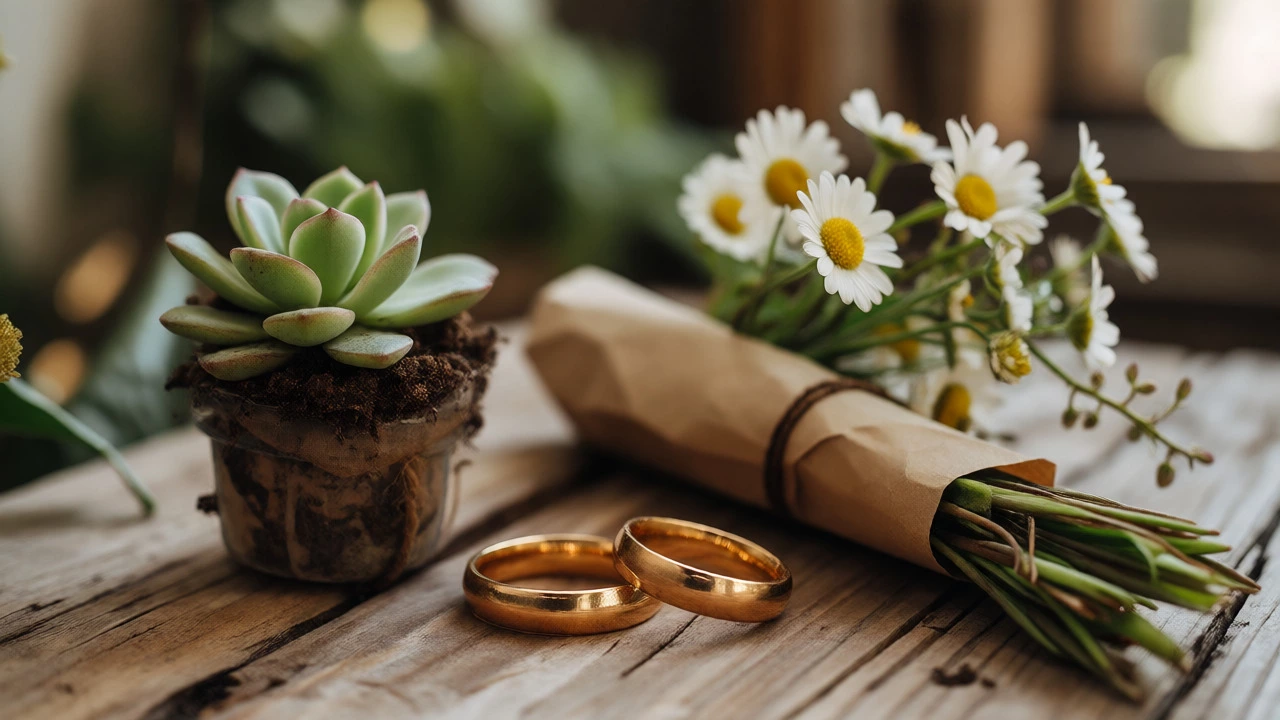 Vintage wedding rings and potted succulents on a rustic wooden table