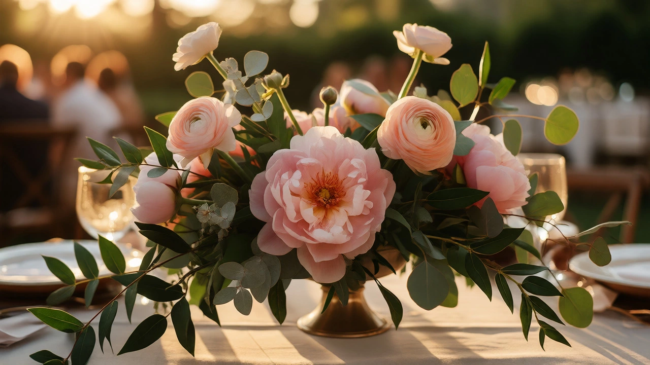 Wedding centerpiece with peonies, ranunculus, and eucalyptus