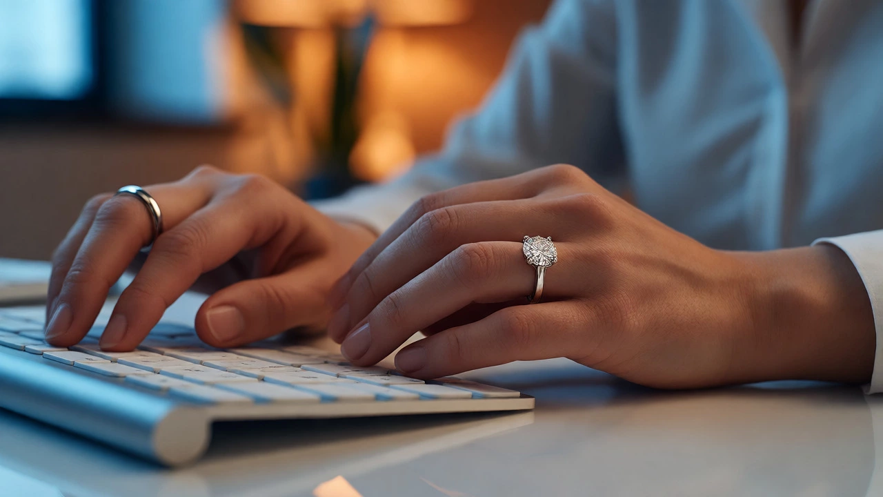 Woman wearing wedding band on left and engagement ring on right hand